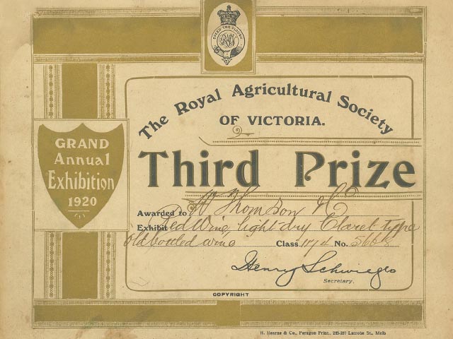 Third Prize, The Royal Agricultural Society, Grand Annual Exhibition 1920.
