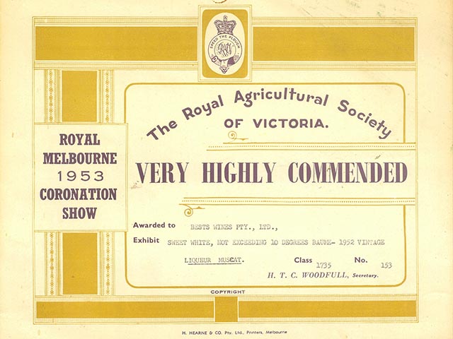 1953 Best's Wines Very Highly Commended certificate Royal Melbourne Coronation Show