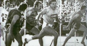 Runners crossing the line in the Stawell Gift