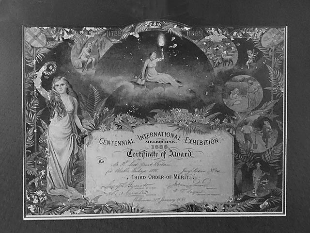 1888 Great Exhibition Certificate of Award, Melbourne 31 January 1889