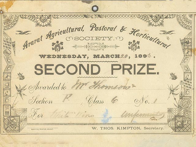 1895 Second Prize Certificate, Ararat Agricultural, Pastoral and Horticultural Society show, Ararat