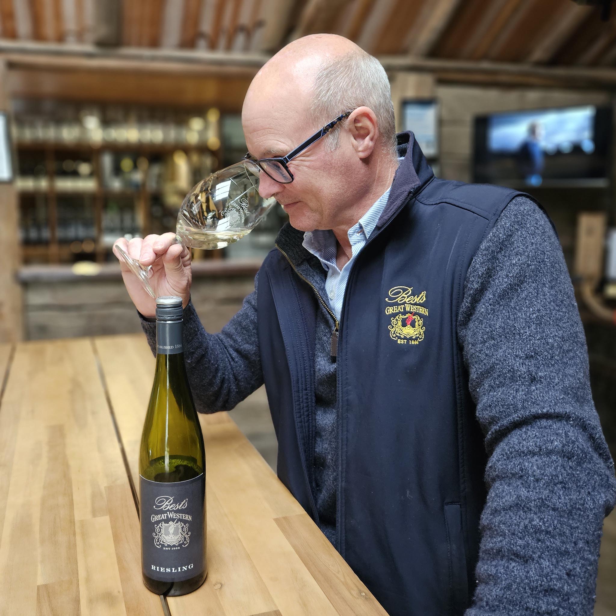 Hamish Thomson takes in the nose of Best's 2023 Great Western Riesling